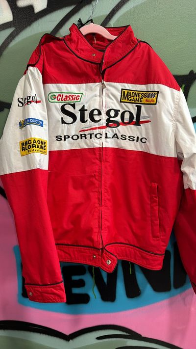 Red And White Jacket With Patches Racing